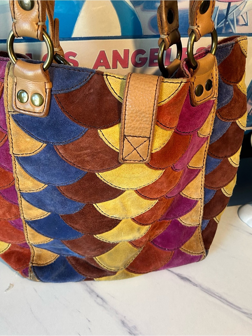LUCKY BRAND MultiColor Scallop Patchwork Leather Shoulder Boho Tote - Picture 11 of 15